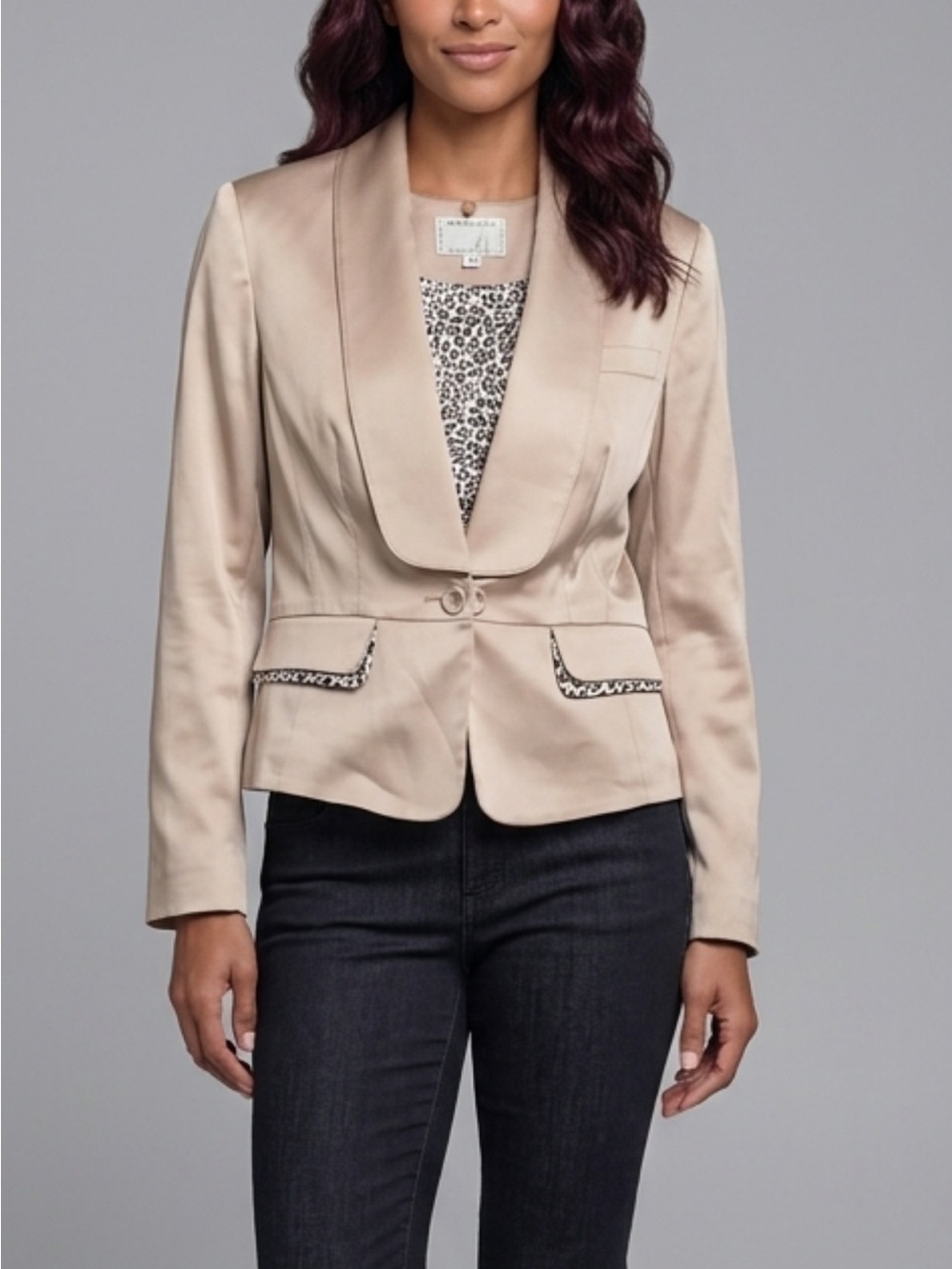 Alberto Makali Beige Satin-Effect Blazer with Leopard Trim